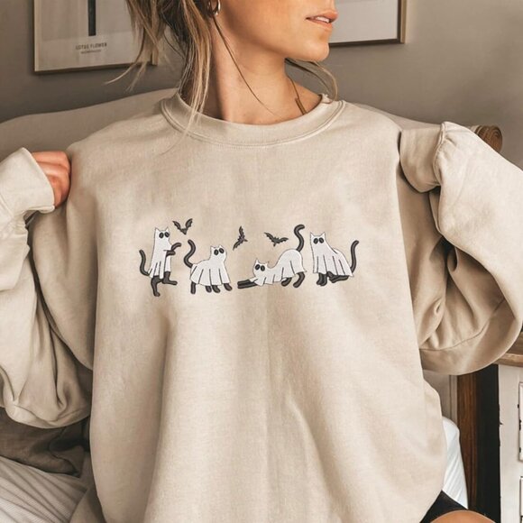 Halloween Ghost Cat Sweatshirt Cotton Fall Spooky Season Fun Unisex - Picture 5 of 6